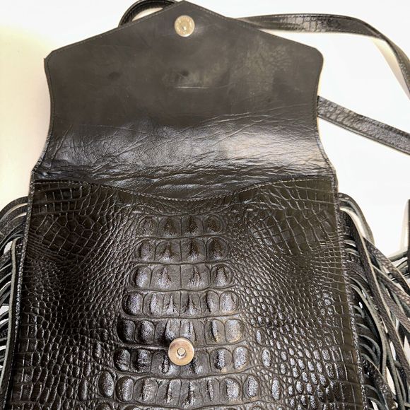 Raviani Fringe Satchel Bag In Black Alligator Embossd Leather Crystal Flower NWT - Picture 11 of 14